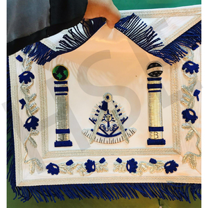 Masonic Master Mason <b>White</b> Apron Hand Embroidered Lodge Regalia with <b>Silver</b> Fringe <b>and</b> Columns Design - Product Image 3
