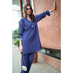 Ensemble coordonné bleu marine froissé et teint pour femme, asymétrique, trois-quarts, décontracté, tendance, en crêpe, taille XS, pour tenues de bureau - Product Image 4