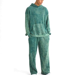 Men's Acid Wash Hooded Tracksuit 100% Cotton Solid Color Heavyweight Breathable Casual Acid Wash Tracksuit - Product Image 5