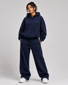 ONE APEX Navy Curved Seam <b>Hoodie</b> Tracksuit Women's Regular French Terry Cotton Wide Leg Sweat Set Quick Dry Fleece High Street - Product Image 1