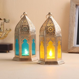 Lantern Tealight Candle Holder Colorful Glass Antique Lamp Home Decor Golden <b>Moroccan</b> Style Free Standing Ethical T <b>Light</b> Holder - Product Image 1