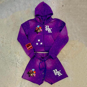 Ensemble sweat à capuche et short surdimensionné pour homme en molleton de coton 500 g/m² avec logo personnalisé imprimé DTG, sans cordon, orné de strass, style streetwear hivernal - Product Image 3