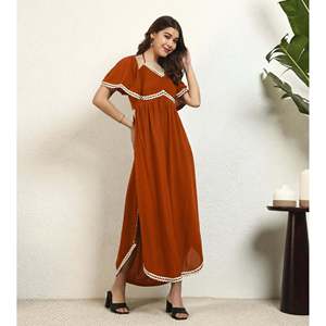 Robe longue décontractée d'été Deebaco pour femme en rayonne, style bohème, avec détails contrastants, col licou cœur, manches courtes, coupe classique, dentelle - Product Image 5