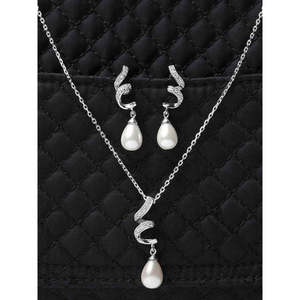 NOVAMART Fine 925 Sterling <b>Silver</b> Pearl Twist Pendant <b>Earring</b> <b>Chain</b> Rhodium Plated for Swiss Zirconia Fine Jewelry Set Women & G - Product Image 2