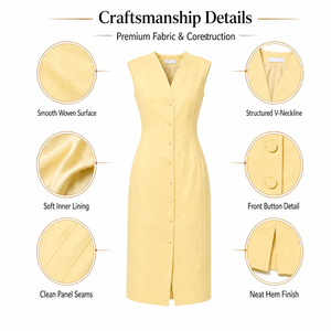 Fabricante Personalizado, MOQ 50 Piezas, Vestido Mini de Algodón Amarillo Claro con Botones Dorados, Proveedor - Product Image 6
