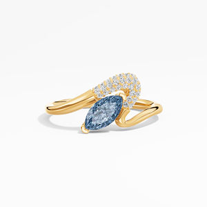 Bague en or 14K ou 18K plaquée rhodium avec diamant de laboratoire de forme marquise bleu indigo de 0,73 carat et diamant rond blanc, bijou unique et raffiné pour femmes - Product Image 5