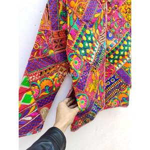 Handmade Vintage Kantha Jacket Unique Sheep Skin Leather Embroidered Coat with Indian Mirror Work Cotton Filling Inspired <b>Kimono</b> - Product Image 6