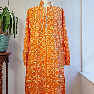 Luxe indien main bloc Orange poinçon géométrique coton tricoté femmes vêtements de nuit doux Style décontracté pour l'été et le printemps - Product Image 1