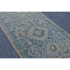 Alfombra turca Kilim de 5,2x8,8 pies, diseño de retazos azul y marrón, técnica de tejido plano de látex de lana para sala de estar, pasillo, Tabriz - Product Image 5