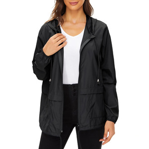 New Women's Black Hooded Windproof <b>Rain</b> <b>Jacket</b> Full Sleeve Zipper Closure Utility Style <b>Long</b> Length Solid Color Polyester Coat - Product Image 1