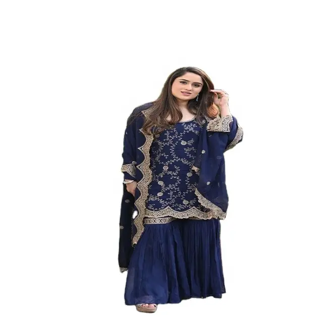 여성을위한 디자이너 Sharara의 수출자 여성을위한 사용자 정의 크기와 최신 Punjabi Sharara 인도 2023 파티 착용 옷을 기반으로