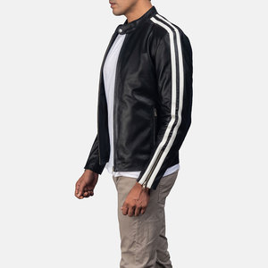 VIENNA INDUSTRY <b>Men's</b> Black Genuine Leather Biker <b>Jacket</b> <b>White</b> Stripe Sleeves Stand Collar Zipper Closure Slim Fit Winter - Product Image 2