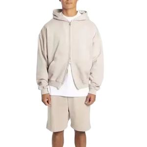 ชุดเซ็ตเสื้อฮู้ดซิปและกางเกงขาสั้นผู้ชายสไตล์วินเทจ ล้างสีแบบแอซิด  ชุดสองชิ้นสำหรับผู้ชาย เสื้อฮู้ดซิปคู่สำหรับผู้ชาย - Product Image 2