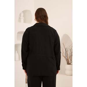 Chaqueta Tejida Negra para Mujer, Talla Grande, Marca RMG, con Lazos Lisos Teñidos, Mangas Plisadas, Cinturón, Antiarrugas, Transpirable, Mezcla de Modal y Poliéster - Product Image 6