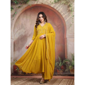 ชุดอานาร์กาลีปักลายมัสตาร์ดสำหรับผู้หญิง พร้อมผ้าคลุมไหล่ ผ้าจอร์เจตต์และผ้าไหม ชุดพื้นเมืองอินเดีย ชุดปากีสถาน ชุดสัลวาร์ - Product Image 1