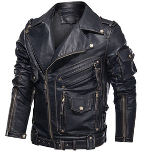Elegante chaqueta de motorista de piel sintética negra para hombre con bolsillos con cremallera múltiple y cintura con cinturón para ropa informal o de fiesta - Product Image 2