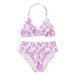 Conjunto de bikini con estampado de leopardo blanco y morado para mujer, top halter, pantalones de cintura alta, traje de baño de dos piezas de punto elástico - Product Image 5
