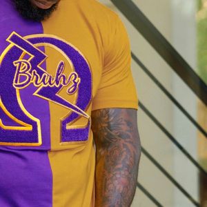 Mezza oro viola Omega Bruhz stile greco ciniglia ricamo Tee Custom confraternity abbigliamento all'ingrosso camicia di cotone da uomo - Product Image 5