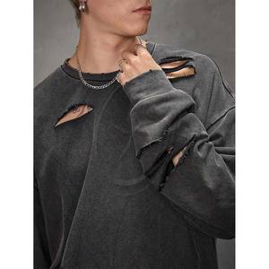 Sweatshirts délavés à l'acide pour hommes pull déchiré surdimensionné col rond thermique épaule tombante sweat-shirt vintage Street Wear - Product Image 5
