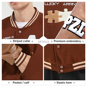 Veste de sport verte pour homme avec broderie lettre A et patch puzzle, manches en simili cuir, style preppy, pour l'automne - Product Image 5