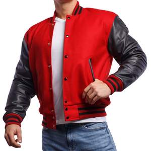Chaqueta de Béisbol Personalizada de Lana Roja con Mangas de Cuero Negro, Cuello Alto, Parche Bordado de Chenilla, Unisex, Lisa - Product Image 6