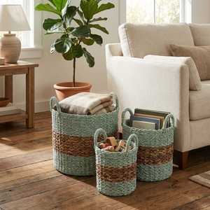 Natural Banana Bark Recycled <b>Plastic</b> Storage <b>Basket</b> Set Horizontal Band Arch Handle Pot Planter Organizer Setup Decor Pure Art - Product Image 6