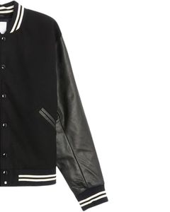 แจ็คเก็ตวาร์ซิตี้สีดำสำหรับผู้ชาย แขนหนังสีดำ ติดกระดุมด้านหน้า คอและปลายแขนเสื้อแบบริบ  ชุดลำลองสำหรับใส่ด้านนอก - Product Image 3