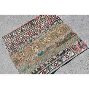 Alfombra de área de lana turca vintage 3 'X 3' Estilo clásico beige y azul con respaldo de látex de diseño de retazos para adolescentes y adultos - Product Image 2