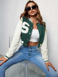 Chaqueta Universitaria de Lana Completa para Mujer, Chaqueta Bomber de Cuero y Algodón Transpirable de Alta Calidad, Chaqueta Universitaria con Letras - Product Image 4