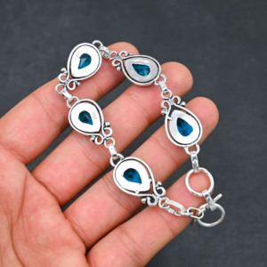 Piedra preciosa de Topacio Azul creada en laboratorio 10X14 MM pera hecha a mano 925 pulsera plateada 7-8 pulgadas joyería de diseñador - Product Image 3
