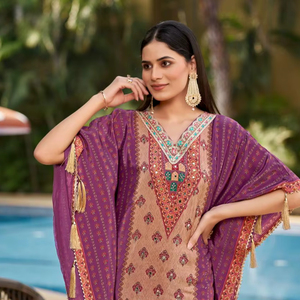 Belle crêpe naturelle Viscose ODM Designer numérique imprimé léger cheville longueur caftan travail manuel broderie avant point culminant - Product Image 1