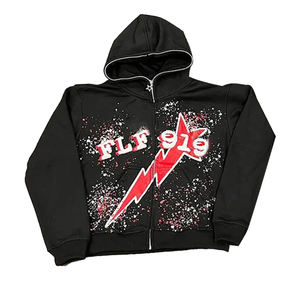 Personalizado vintage zip up Sudadera con capucha y pantalones de chándal Jogger conjunto de dos piezas de la pantalla DTG impresión chándal lavado ácido hombres chándales - Product Image 1