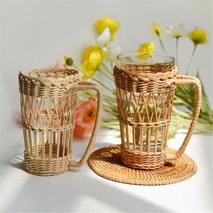 Porte-gobelet à eau en rotin fait à la main, couvercle de verre à vin avec poignée, unique, écologique, décoration de table, accessoires de dîner - Product Image 6