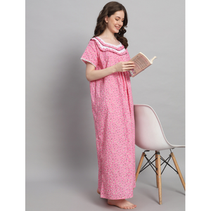 Camisón Elegante de Encaje 100% Algodón para Mujer, Estampado Floral Victoriano, Manga Larga, Largo Completo, Transpirable para Verano y Primavera - Product Image 1