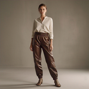 กางเกงหนัง PU สไตล์สตรีทสำหรับผู้หญิงกางเกงเอวสูงยืดได้สำหรับผู้หญิงกางเกงหนังทรงหลวมกางเกงสตรีท - Product Image 2