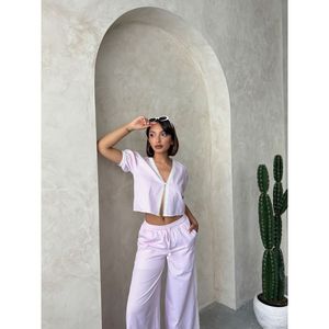 Blusa Elegante a Rayas de Poliéster para Mujer TOPSHOW con Delicados Detalles de Encaje - Blusa Azul de Manga Larga para Uso Diario - Product Image 6