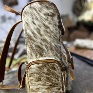 Unique Classic Cowhide Fur Premium Quality Fashion Brown White Front Zipper Backpack <b>Men</b> Leather Hipster Laptop Gym Travel Gift - Product Image 1