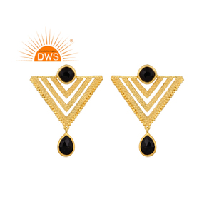 Meilleure vente de boucles d'oreilles pendantes en argent sterling plaqué or 18 carats avec pierres précieuses en onyx noir naturel fabricant de bijoux fins - Product Image 1