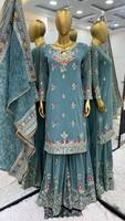 Nuevo Conjunto de Diseñador para Bodas y Fiestas Diwali: Top, Pantalón Palazzo y Dupatta con Bordado Pesado, Reversible, Antiarrugas y de Secado Rápido (Fox)