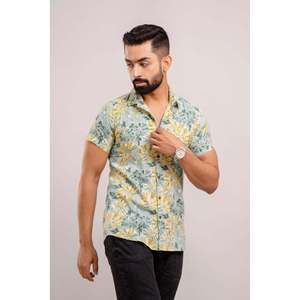 Chemise décontractée pour homme en coton imprimé floral vert marine, manches courtes, col mandarin, tissu popeline respirant, tailles 2XL 3XL, style occidental ODM - Product Image 1