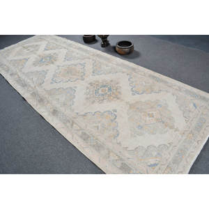 พรมตุรกีโบราณ4.8 x 12.6ft แฮนด์เมดสีเบจสีฟ้าขนแกะกับกองกำมะหยี่ความสูงรูปแบบนามธรรมสี่เหลี่ยมสำหรับห้องนอน - Product Image 4