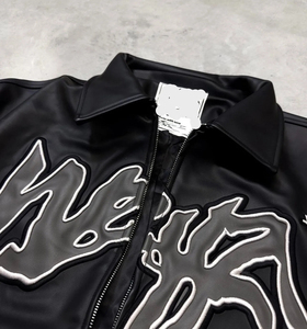 Blouson Bomber en PU pour Homme, Style Streetwear, Col Montant, Fermeture Éclair, Imprimé Lettres sur le Devant, Coupe Droite, Vêtement d'Hiver, Séchage Rapide, Enduit - Product Image 4