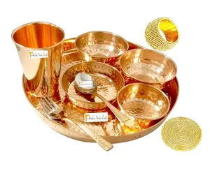 Neuzugang Kupfer Thali mit Schüssel & Glas-Set von Reinem Kupfer Esset Thali Teller Schalen Löffel Gabel Glas Durchmesser 12 Zoll