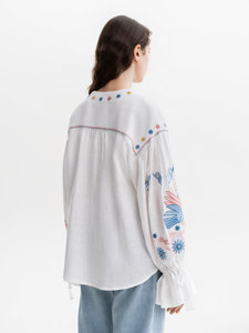 Blusa de lino con bordado floral étnico negro y rojo Manga abombada de lino puro Estilo vintage ucraniano Vyshyvanka popular - Product Image 5