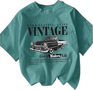 Camiseta de mujer con estampado gráfico de letras, cuello redondo, hombros caídos, estilo moderno de verano, manga corta, top con estampado de coche vintage - Product Image 4