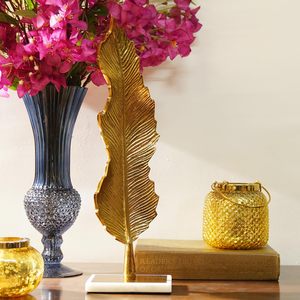 โต๊ะทองเหลืองเคลือบสีทองและขาวพร้อมฐานหินอ่อนเครื่องประดับตกแต่งบ้าน - Product Image 5