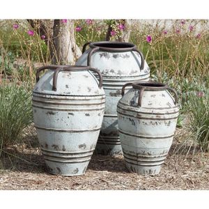Metal do ferro artesanal galvanizado redondo plantador estilo Vintage <span class=keywords><strong>Flowerpot</strong></span> com alça para jardim ao ar livre Home decorações