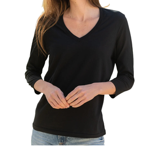 Women <b>Black</b> 3/4 Sleeve V Neck <b>T</b> <b>Shirt</b> 100% Luxury Organic Cotton Pre Shrunk GOTS Certified Premium Soft Breathable Classic Tee - Product Image 4