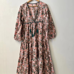 Femmes filles pur coton Maxi robe indien bloc imprimé décontracté été soirée à la mode nouvelle vente en gros longue robe mi-longue - Product Image 1