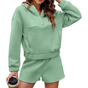 ชุดกางเกงขาสั้นมีฮู้ดสำหรับเข้ายิมของผู้หญิงชุดเสื้อมีฮู้ดแบบลำลองคุณภาพระดับพรีเมียมออกแบบโลโก้ได้ตามต้องการ - Product Image 1